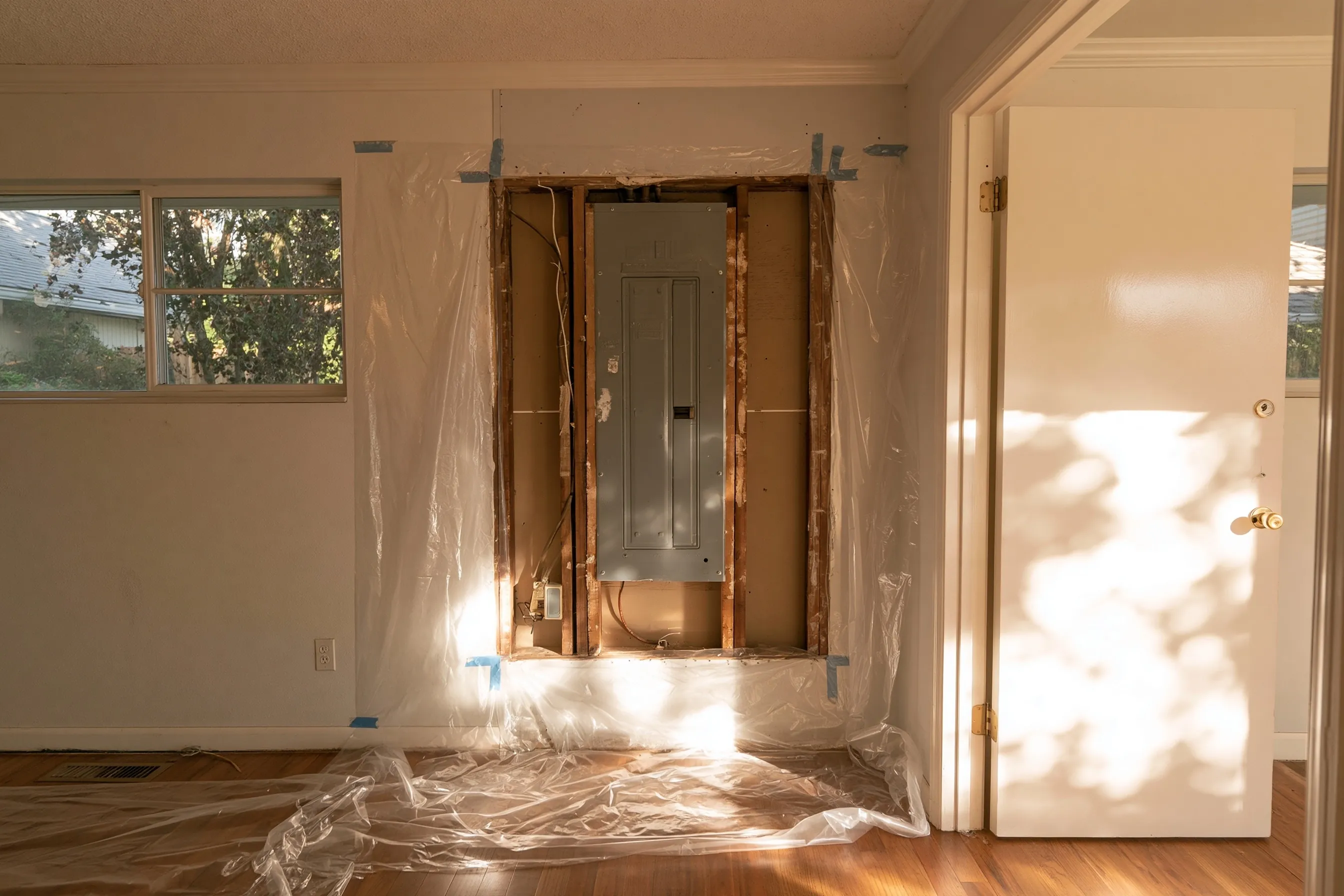 A section of wall around an old electrical panel neatly cut out, plastic taped around the opening
